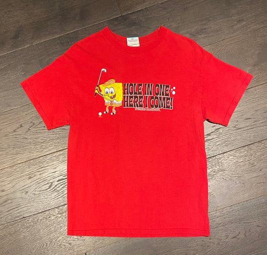 Spongebob Squarepants Hole In One Here I Come Graphic Tee | Size Medium | Vintage 2000s TV Series Red T-Shirt | Free Shipping to USA |