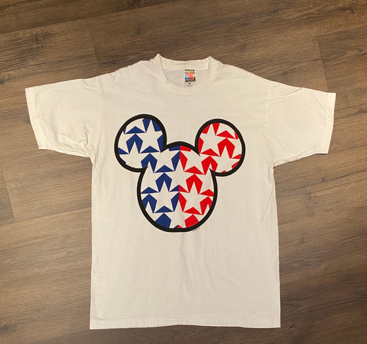 Walt Disney World Mickey Mouse American Flag Graphic Tee | Size XL | Vintage 1990s Single Stitch White T-Shirt | Free Shipping to USA |