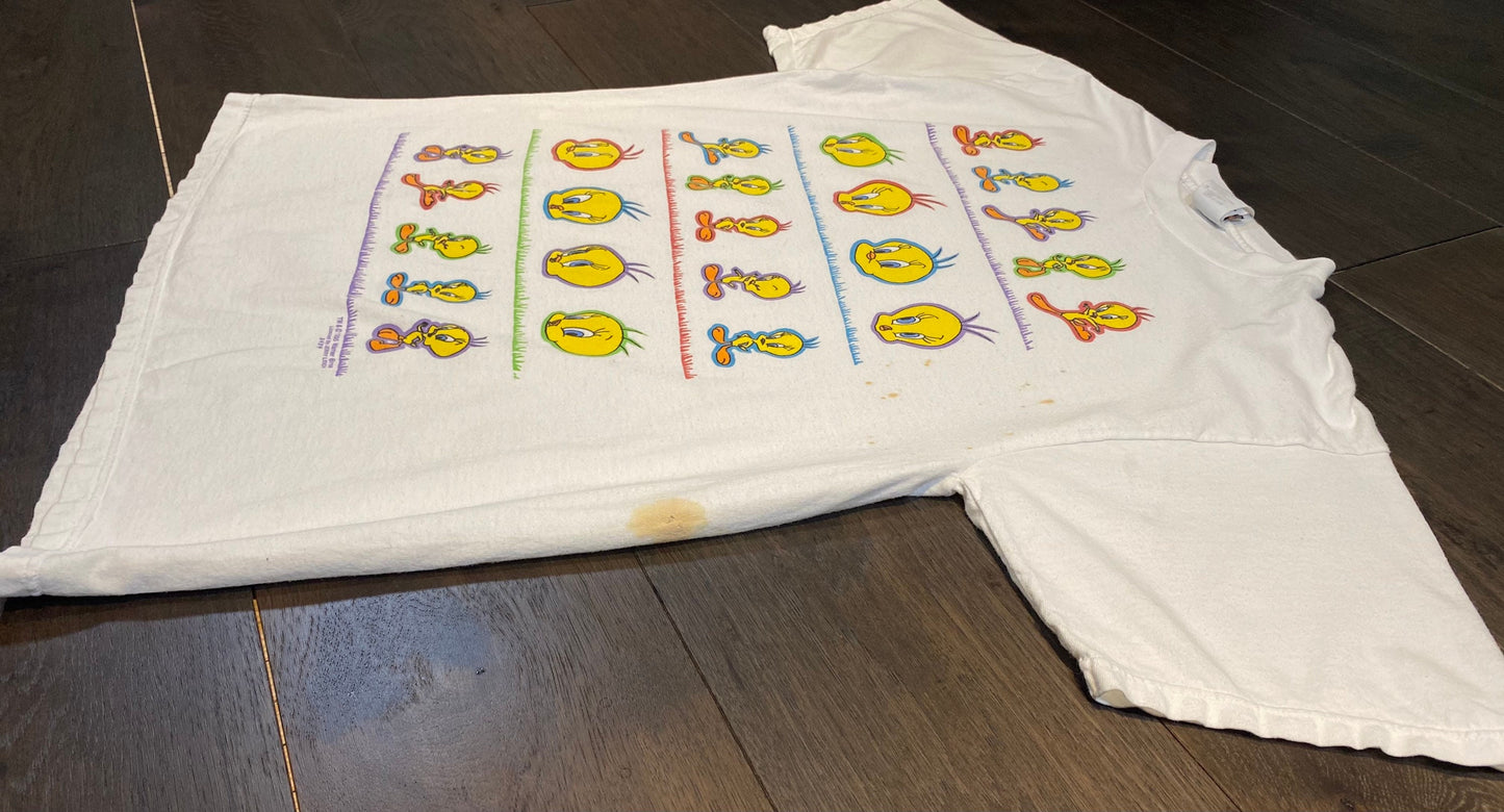 Tweety Bird Emotions Graphic Tee | Size XL | Vintage 1990s Looney Tunes Distressed White T-Shirt | Free Shipping to USA |