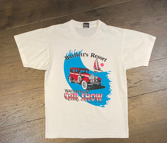 Bartlett's Resort Waterfront Car Show Graphic Tee | Size Large | Vintage 1990s White T-Shirt | Lake Pleasant, MI | Free Shipping to USA |