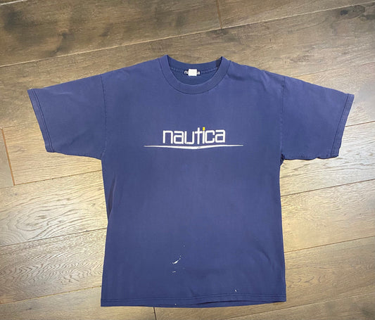 Nautica Spell Out Graphic Tee | Size One Size Fits All | Vintage 2000s Branded Navy Blue T-Shirt | Free Shipping to USA |