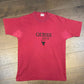Guess Jeans Embroidered Graphic Tee | Size Large | Vintage 1990s Single Stitch Branded Red T-Shirt | Free Shipping to USA |