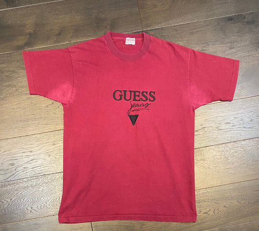 Guess Jeans Embroidered Graphic Tee | Size Large | Vintage 1990s Single Stitch Branded Red T-Shirt | Free Shipping to USA |