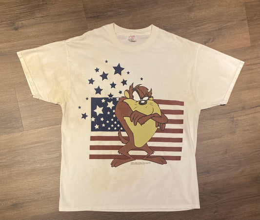 Taz American Flag Graphic Tee | Size XL | Vintage 1990s Looney Tunes Cartoon Disney Character White T-Shirt | Free Shipping to USA |