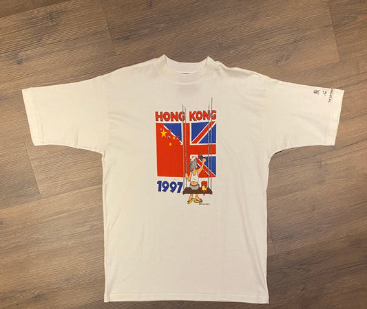 Hong Kong England 1997 Graphic Tee | Size Large | Vintage 1990s Single Stitch China White T-Shirt  | Free Shipping to USA |