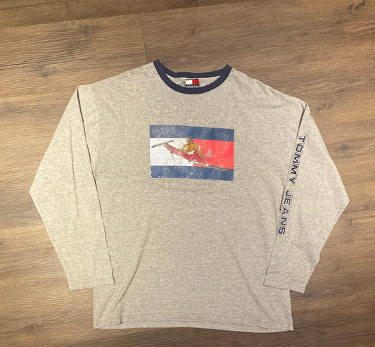 Tommy Hilfiger Jeans Skiing Graphic Tee | Size XL | Vintage 1990s Branded Made in USA Grey Long Sleeve T-Shirt | Free Shipping to USA |