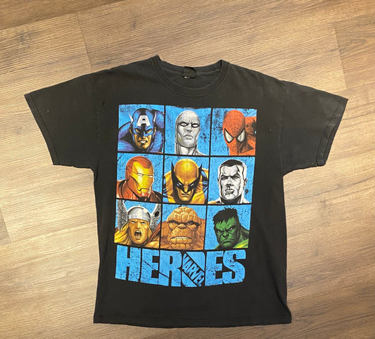 Marvel Heroes Graphic Tee | Size Large | Vintage 2000s Black Superhero T-Shirt | Mad Engine x Marvel Studios | Free Shipping to USA |