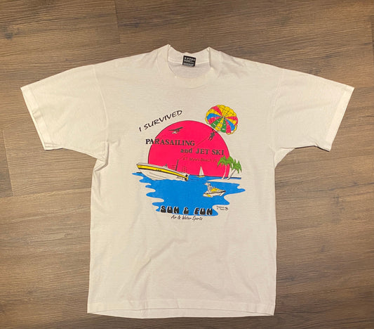 I Survived Parasailing And Jet Ski Graphic Tee | Size Large | Vintage 1990s White T-Shirt | Fort Myers Beach, FL | Free Shipping to USA |