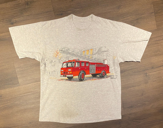 Fire Truck Cross Chest Graphic Tee | Size Large | Vintage 1990s Single Stitch Red & Grey T-Shirt | Free Shipping to USA |