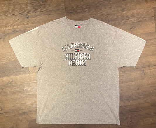 Tommy Hilfiger All-American Denim Graphic Tee | Size XXL | Vintage 2000s Branded Grey T-Shirt | Made in Mexico | Free Shipping to USA |