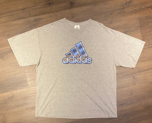 Adidas Three Stripe Bubble Logo Graphic Tee | Size XXL | Vintage 1990s Branded Blue & Grey T-Shirt | Free Shipping to USA |