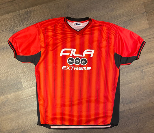 FILA Extreme Triathlon Training Graphic Tee | Size XXL | Vintage 2000s Branded Red & Black Striped T-Shirt | Free Shipping to USA |