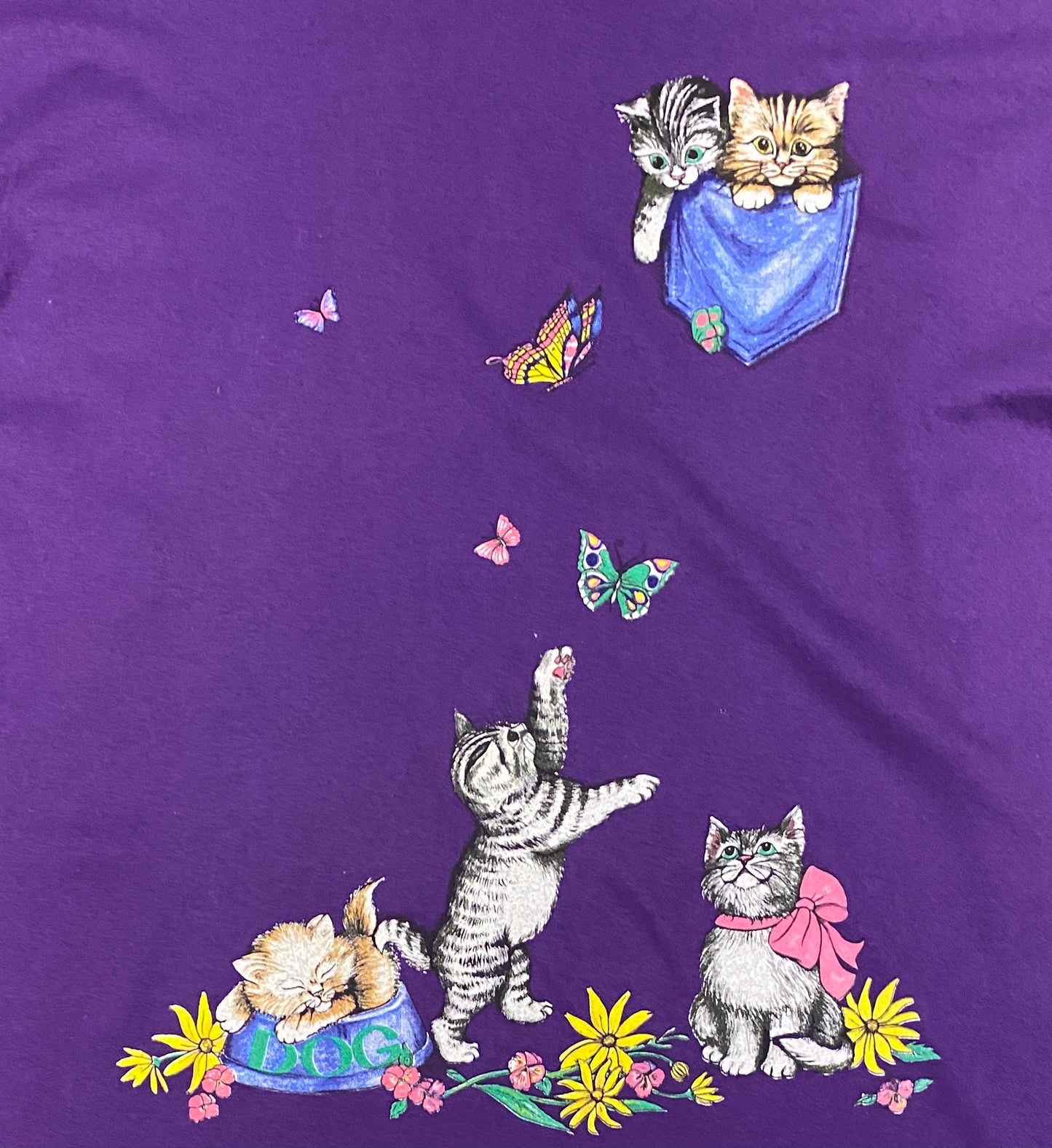 Cats & Flowers Pocket Graphic Tee | Size XL | Vintage 1990s Single Stitch Purple T-Shirt | Made in USA | Free Shipping to USA |