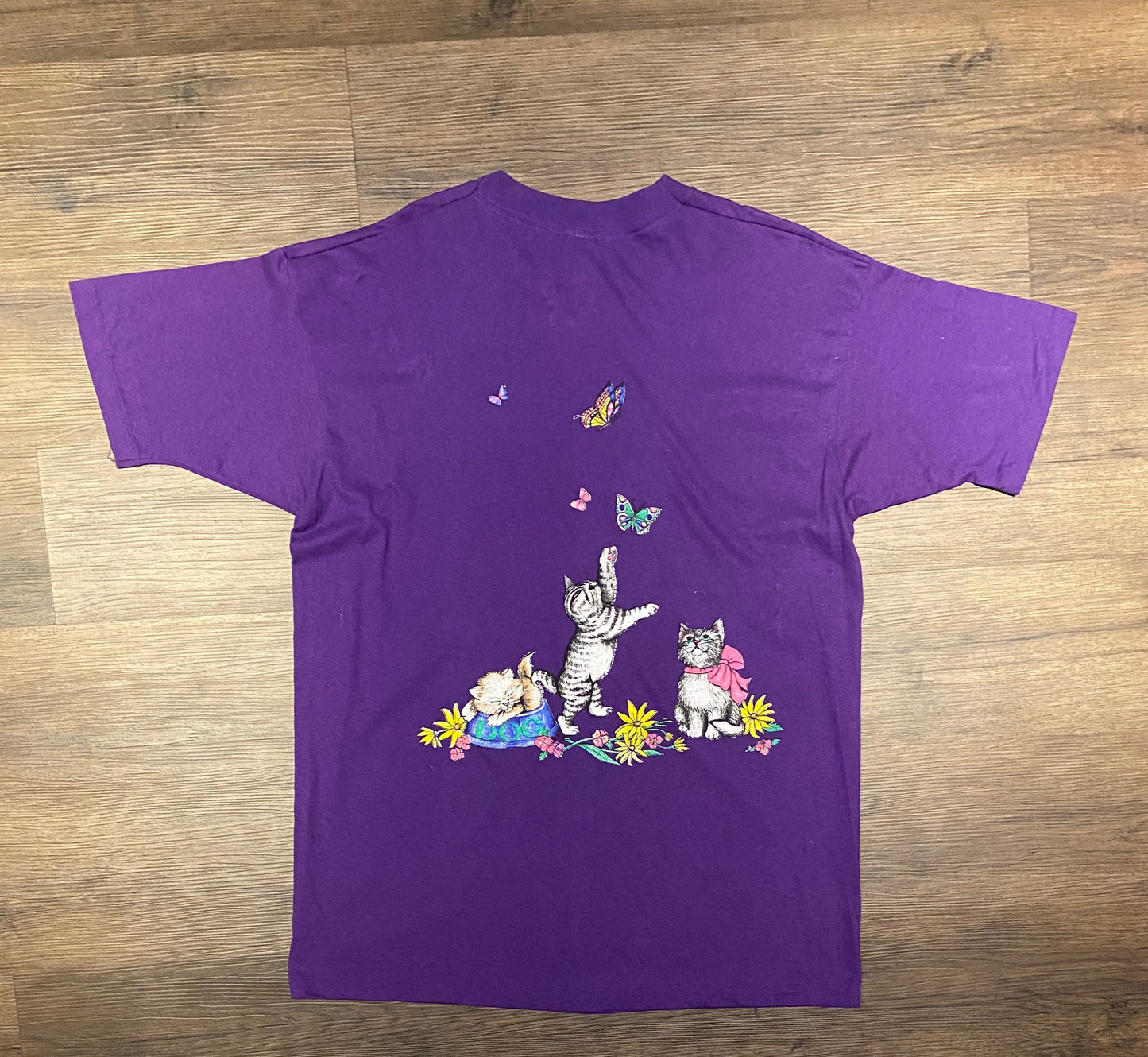 Cats & Flowers Pocket Graphic Tee | Size XL | Vintage 1990s Single Stitch Purple T-Shirt | Made in USA | Free Shipping to USA |