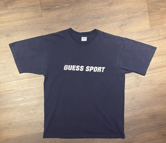 Guess Sport Spell Out Graphic Tee | Size Medium | Vintage 1990s Branded Grey & Black T-Shirt | Made in USA | Free Shipping to USA |