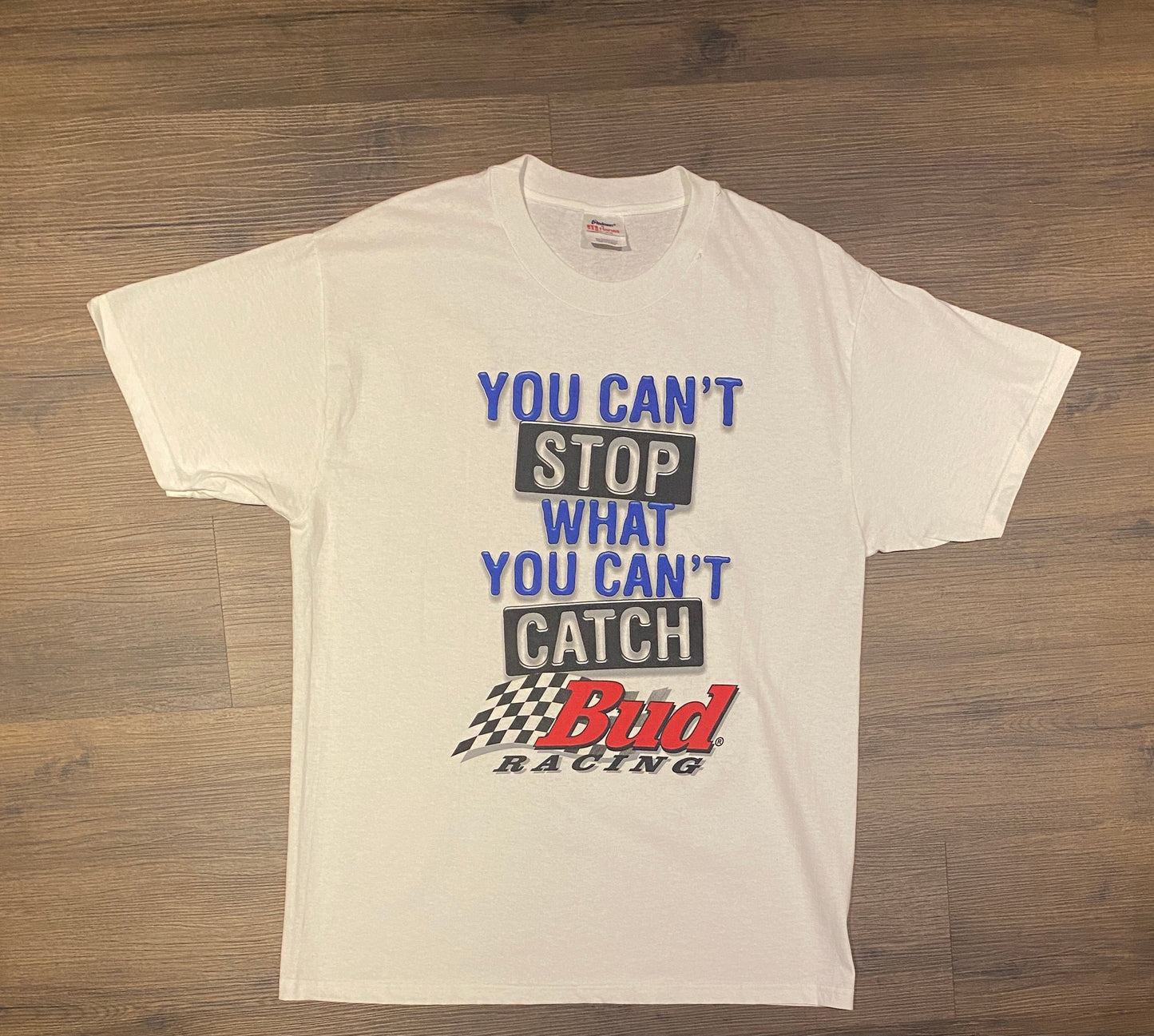 You Can't Stop What You Can't Catch Bud Racing Graphic Tee | Size Large | Vintage 2000s White NASCAR Racing T-Shirt | Free Shipping to USA |