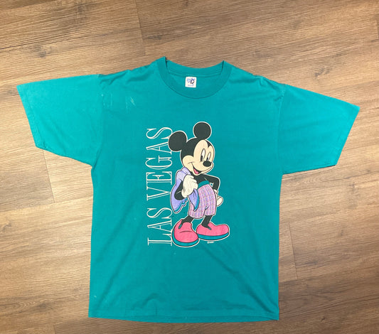 Disney Mickey Mouse Las Vegas Graphic Tee | Size XL | Vintage 1990s Disney Cartoon Green T-Shirt | Made in USA | Free Shipping to USA |