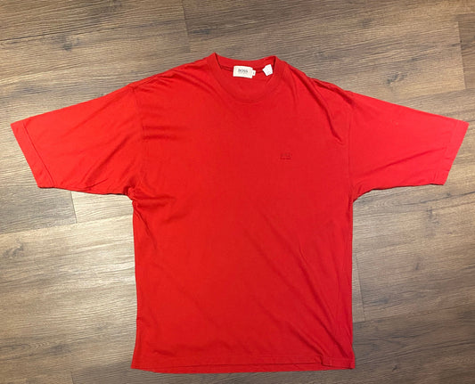 Hugo Boss Embroidered Graphic Tee | Size Large | Vintage 1990s Retro Red Branded T-Shirt | Made in Hong Kong | Free Shipping to USA |