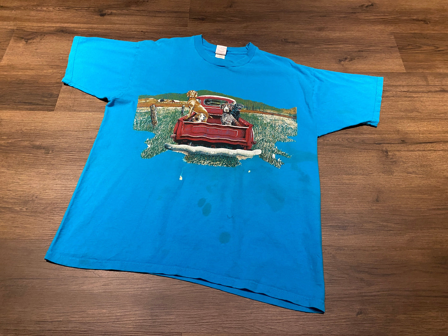 Dogs In A Truck Graphic Tee | Size XL | Vintage 2000s Cute Animal Dog Blue T-Shirt | Distressed Look | Free Shipping to USA |