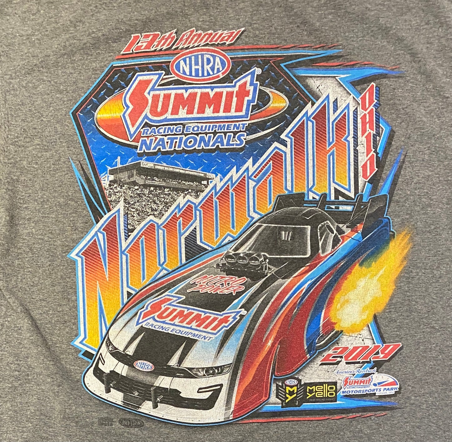 13th Annual NHRA Summit Racing Nationals Graphic Tee | Size Large | Modern Racing Grey & Red T-Shirt | Free Shipping to America |