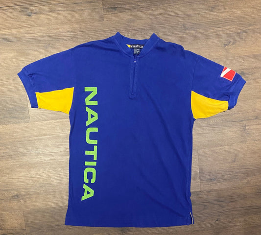 Nautica Spell Out Quarter Zip Graphic Tee | Size Small | Vintage 2000s Branded Blue T-Shirt | Free Shipping to USA |