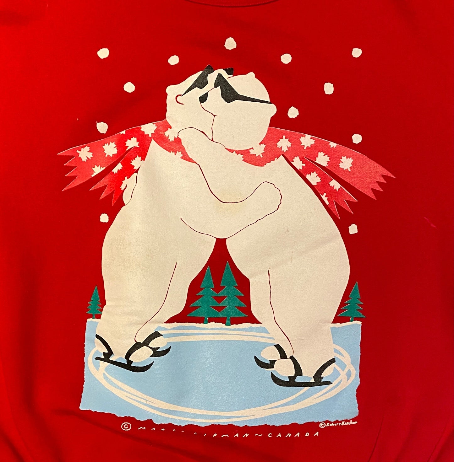 Polar Bears Hugging Graphic Crewneck | Size XL | Vintage 1990s Marci Lipman Graphics Red Sweater | Free Shipping to USA |