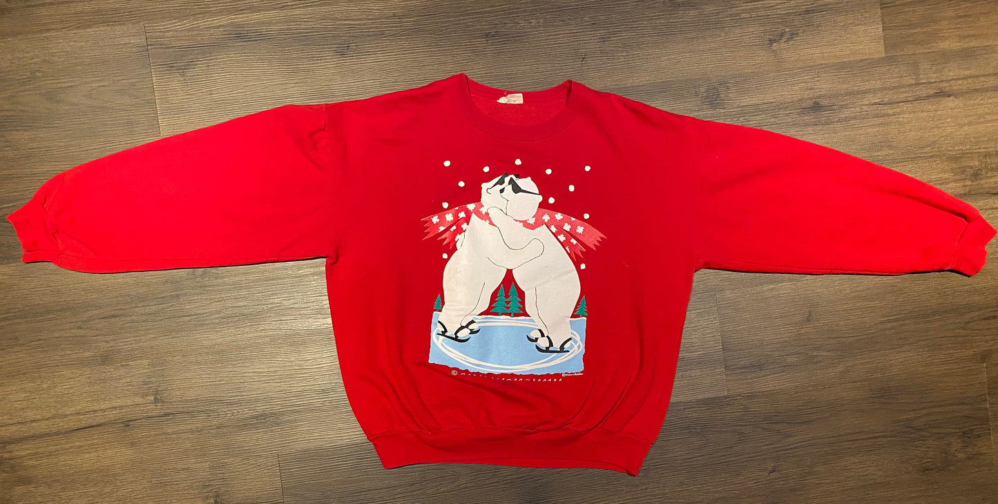 Polar Bears Hugging Graphic Crewneck | Size XL | Vintage 1990s Marci Lipman Graphics Red Sweater | Free Shipping to USA |