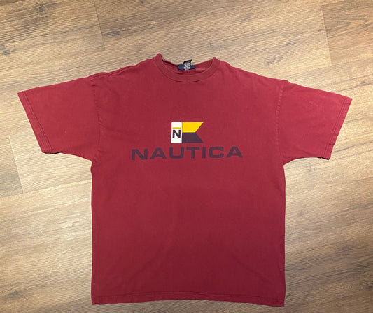 Nautica Spell Out Logo Graphic Tee | Size XL | Vintage 1990s Branded Dark Red T-Shirt | Made in USA | Free Shipping to USA |