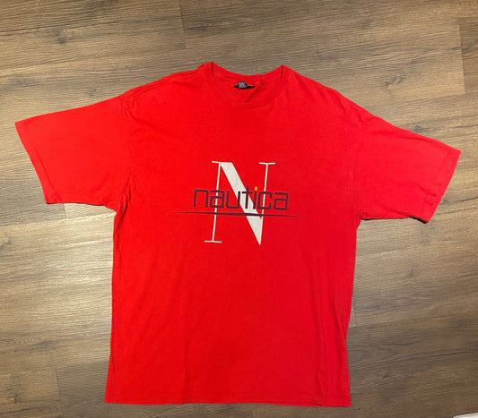 Nautica Overlay Spell Out Logo Graphic Tee | Size XXL | Vintage 1990s Branded Red T-Shirt | Made in USA | Free Shipping to USA |