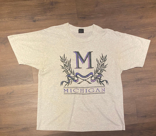 Michigan Tourist Graphic Tee | Size XL | Vintage 1990s Tourist Single Stitch Purple & Grey T-Shirt | Made in USA | Free Shipping to USA |