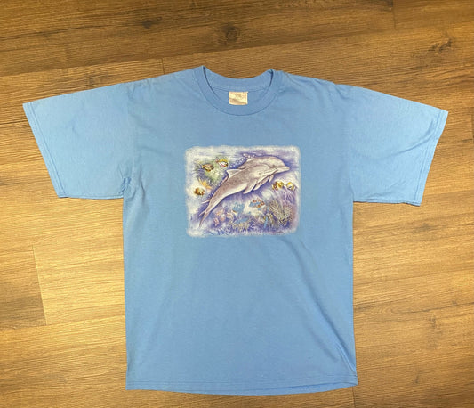 Dolphins In The Ocean Graphic Tee | Size Medium | Vintage 2000s Aquatic Animal Graphic Light Blue T-Shirt | Free Shipping to USA |