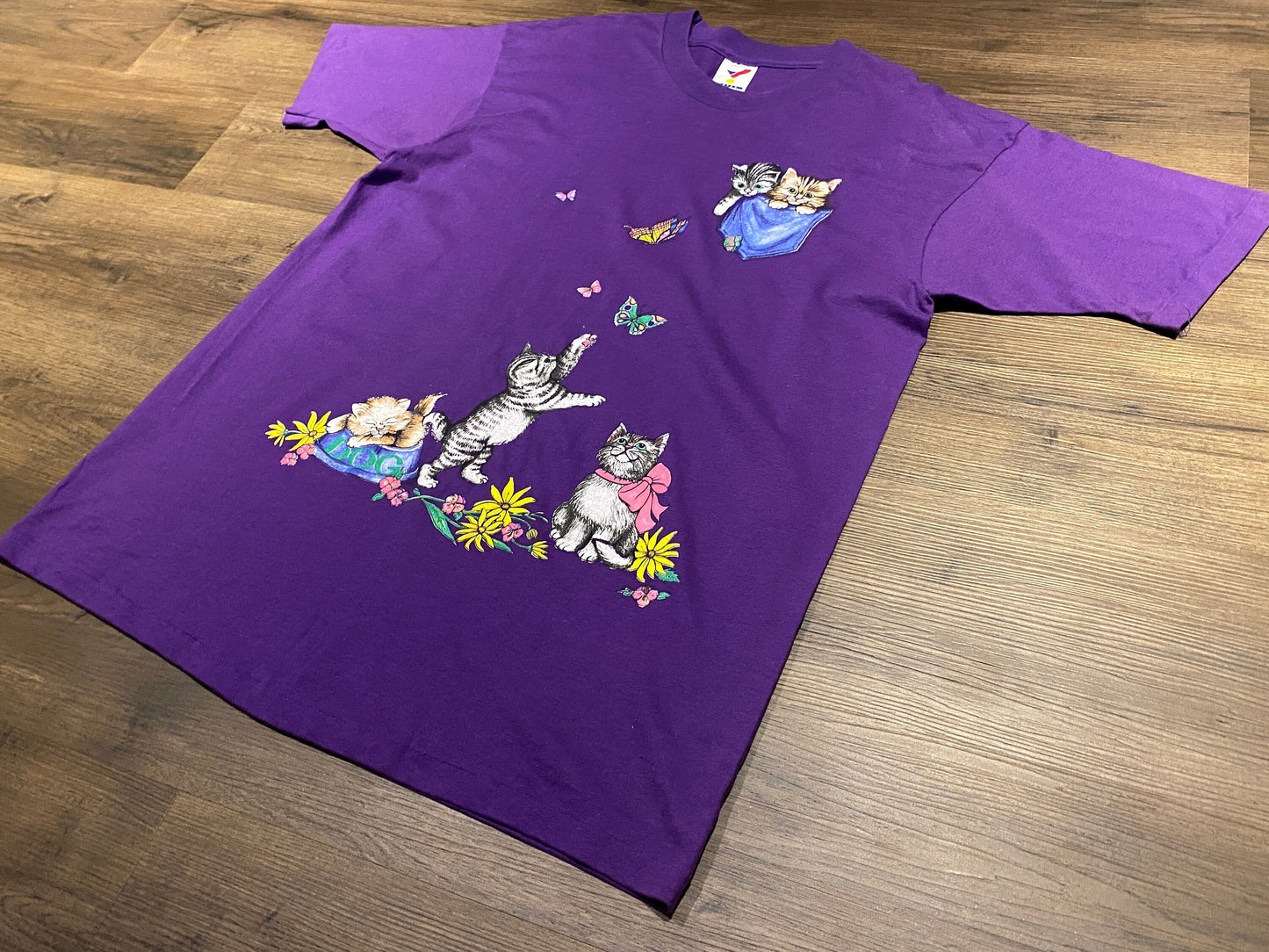 Cats & Flowers Pocket Graphic Tee | Size XL | Vintage 1990s Single Stitch Purple T-Shirt | Made in USA | Free Shipping to USA |