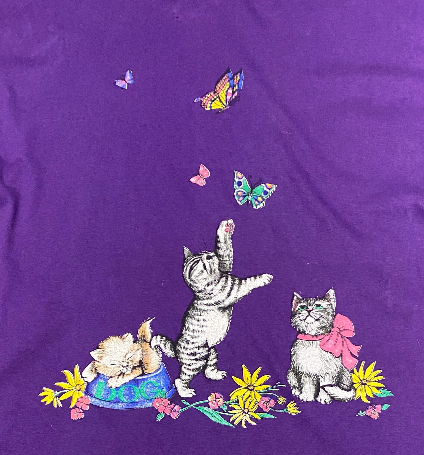 Cats & Flowers Pocket Graphic Tee | Size XL | Vintage 1990s Single Stitch Purple T-Shirt | Made in USA | Free Shipping to USA |