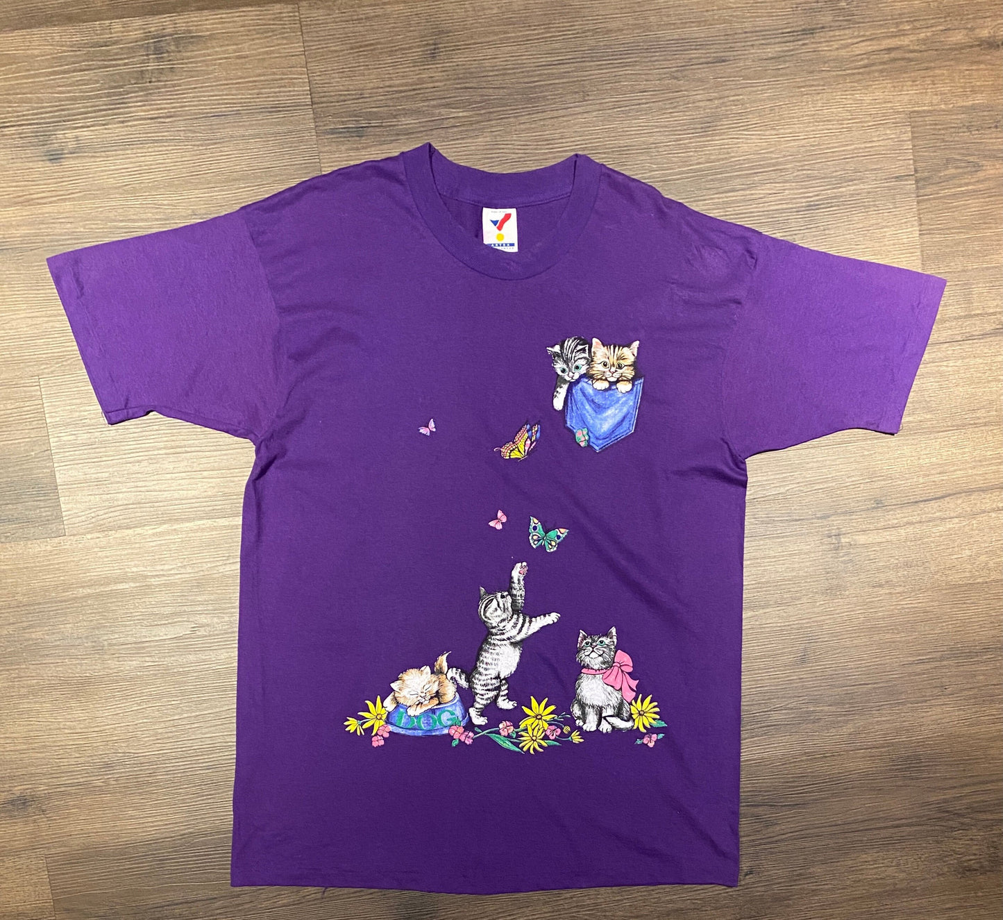 Cats & Flowers Pocket Graphic Tee | Size XL | Vintage 1990s Single Stitch Purple T-Shirt | Made in USA | Free Shipping to USA |