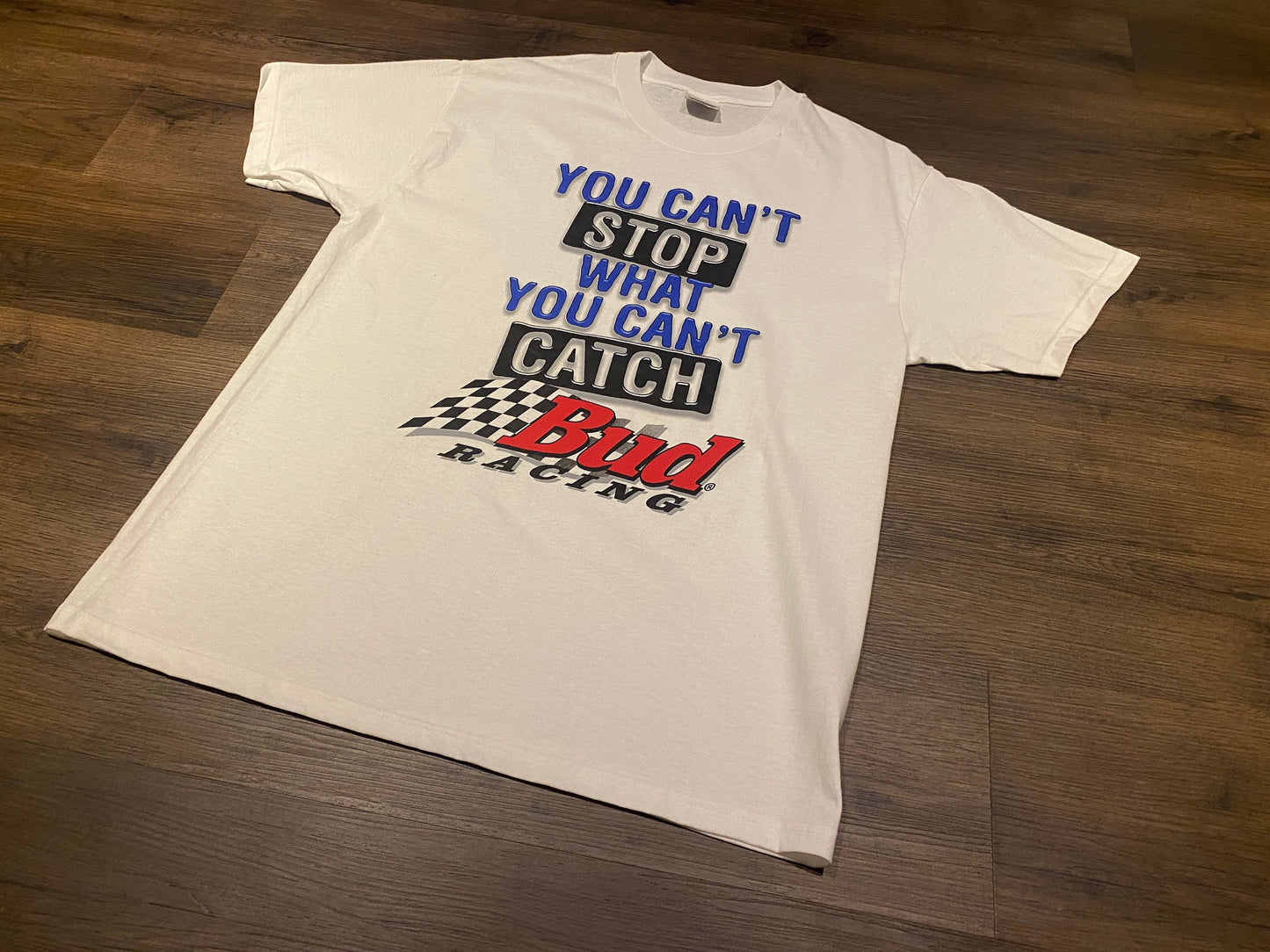 You Can't Stop What You Can't Catch Bud Racing Graphic Tee | Size Large | Vintage 2000s White NASCAR Racing T-Shirt | Free Shipping to USA |