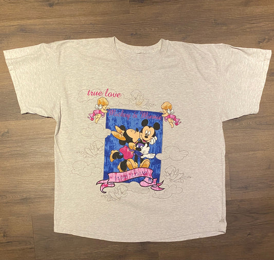 Mickey & Minnie Mouse True Love Graphic Tee | Size XL | Vintage 2000s Walt Disney Cartoon Grey T-Shirt | Free Shipping to USA |