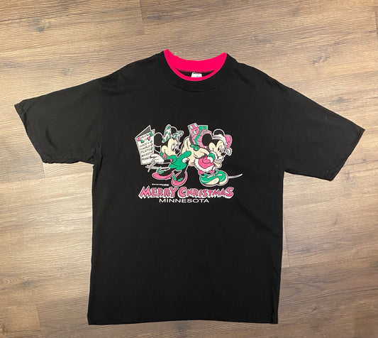 Mickey & Minnie Merry Christmas Graphic Tee | Size XL | Vintage 1990s Single Stitch Black T-Shirt | Made in USA | Free Shipping to USA |