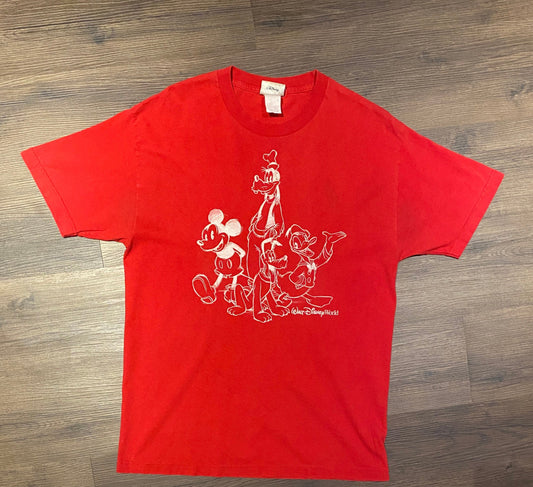 Walt Disney World Goofy, Mickey Mouse & Donald Duck Graphic Tee | Size Large |Vintage 2000s Disney Cartoon Red T-Shirt|Free Shipping to USA|