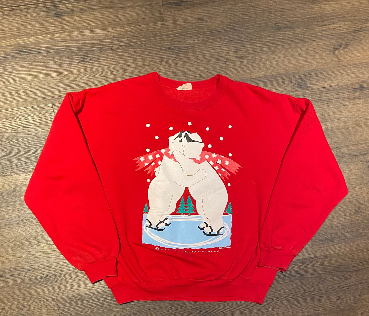 Polar Bears Hugging Graphic Crewneck | Size XL | Vintage 1990s Marci Lipman Graphics Red Sweater | Free Shipping to USA |