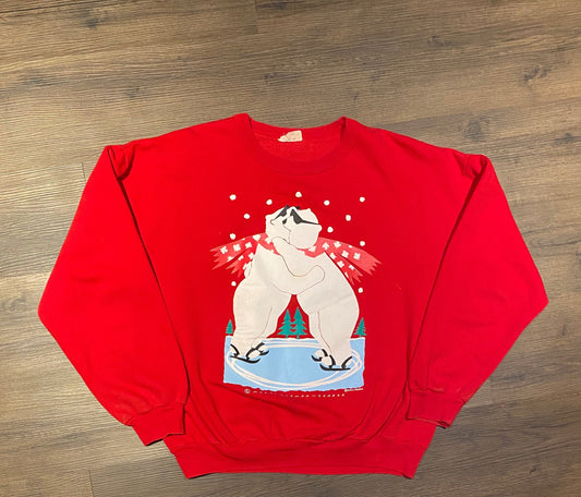 Polar Bears Hugging Graphic Crewneck | Size XL | Vintage 1990s Marci Lipman Graphics Red Sweater | Free Shipping to USA |