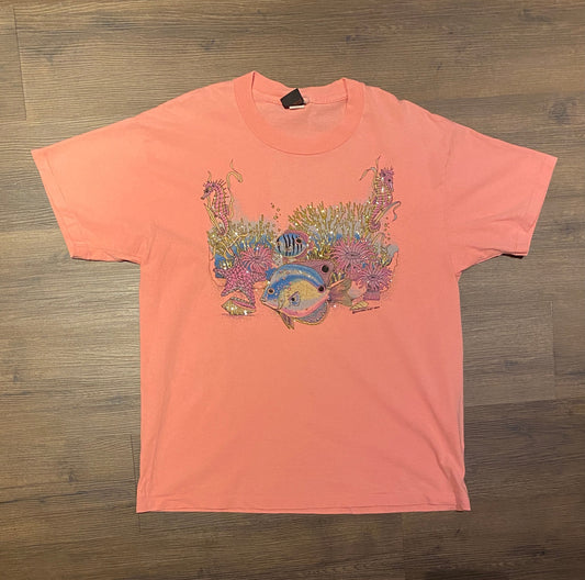 Fish In The Ocean Graphic Tee | Size XL | Vintage 1990s Single Stitch Pink T-Shirt | Made in USA | Free Shipping to USA |