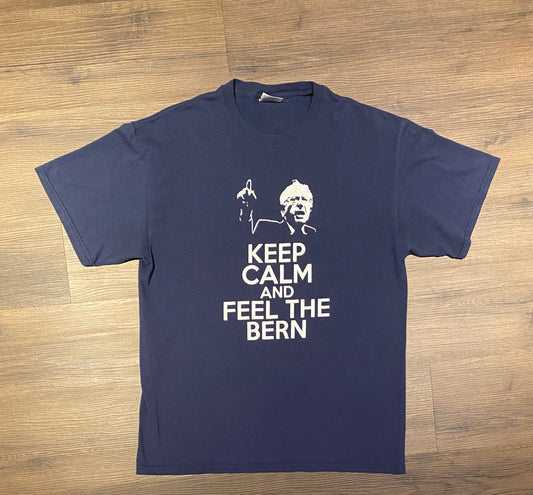 Keep Calm And Feel The Bern Graphic Tee | Size Large | Vintage 2000s Democratic Nominee Bernie Sanders Blue T-Shirt | Free Shipping to USA |