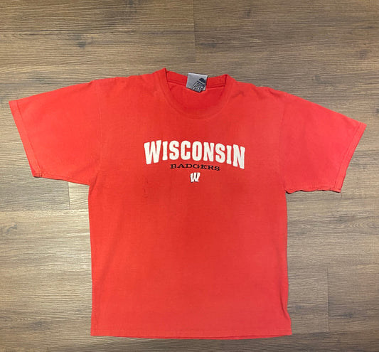 Wisconsin Badgers Embroidered Graphic Tee | Size Large | Vintage 2000s College Sports Red T-Shirt | Cadre Athletic | Free Shipping to USA |