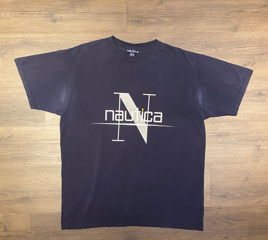 Nautica Overlay Spell Out Logo Graphic Tee | Size Large | Vintage 1990s Branded Blue T-Shirt | Made in USA | Free Shipping to USA |