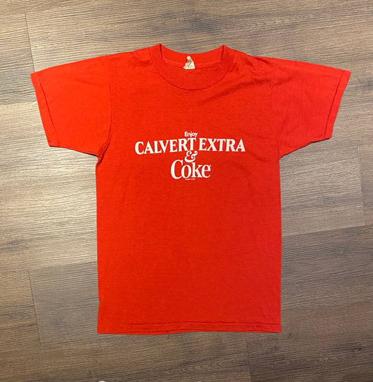 Enjoy Calvert Extra & Coke Graphic Tee | Size Small | Vintage 1990s Single Stitch Promotional Red T-Shirt | Free Shipping to USA|