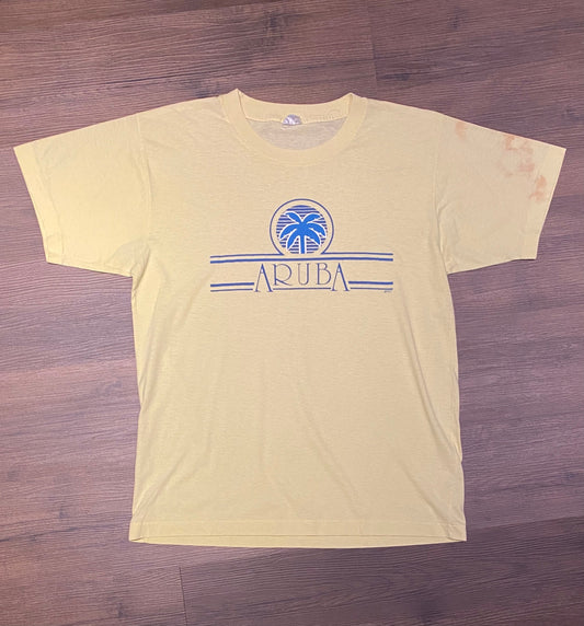 Aruba Palm Tree Graphic Tee | Size XXL | Vintage 1990s Tourist Single Stitch Blue & Yellow T-Shirt | Free Shipping to USA |