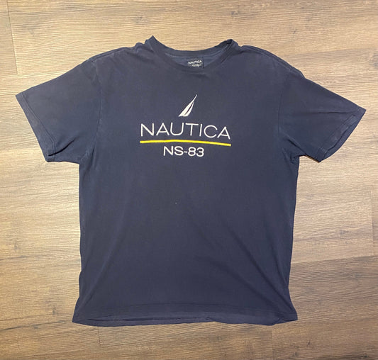 Nautica Spell Out Embroidered Logo Graphic Tee | Size Large | Vintage 1990s Branded Blue T-Shirt | Free Shipping to USA |