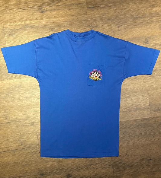 Grand Prix International Embroidered Graphic Tee | One Size Fits All | Vintage 1990s Single Stitch Racing Blue T-Shirt|Free Shipping to USA|