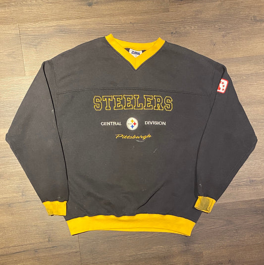 Pittsburgh Steelers Embroidered Graphic Crewneck | Size Large | Vintage 1990s Football Black Sweater | Free Shipping to USA |