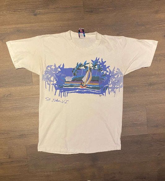 St. John Virgin Island Graphic Tee | Size Large | Vintage 1990s Single Stitch Tourist Promotional White T-Shirt| Free Shipping to USA |